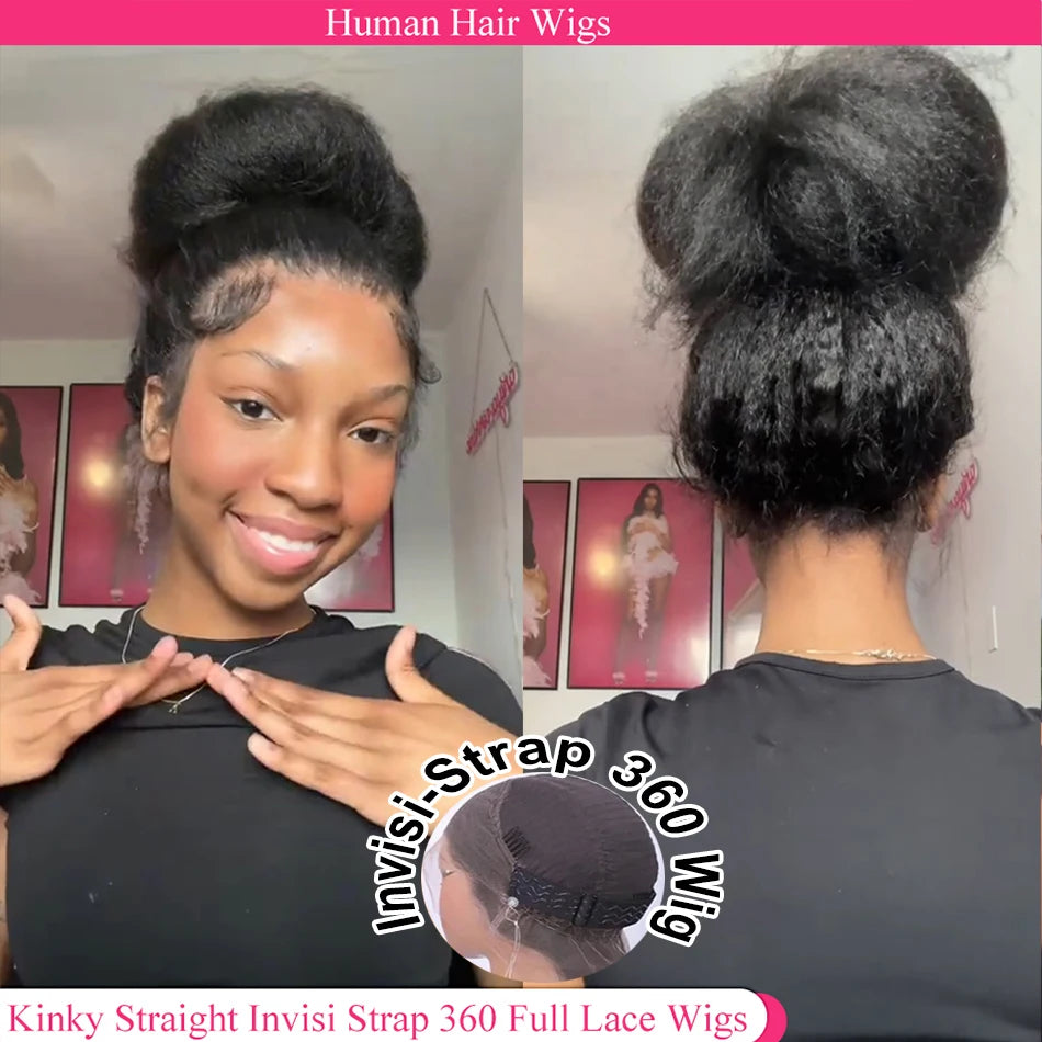 Kinky Straight Invisible Strap 360 Full Lace Glueless Wig Human Hair Pre Cut 250 Density HD 360 Lace Front Wig Human Hair Wigs