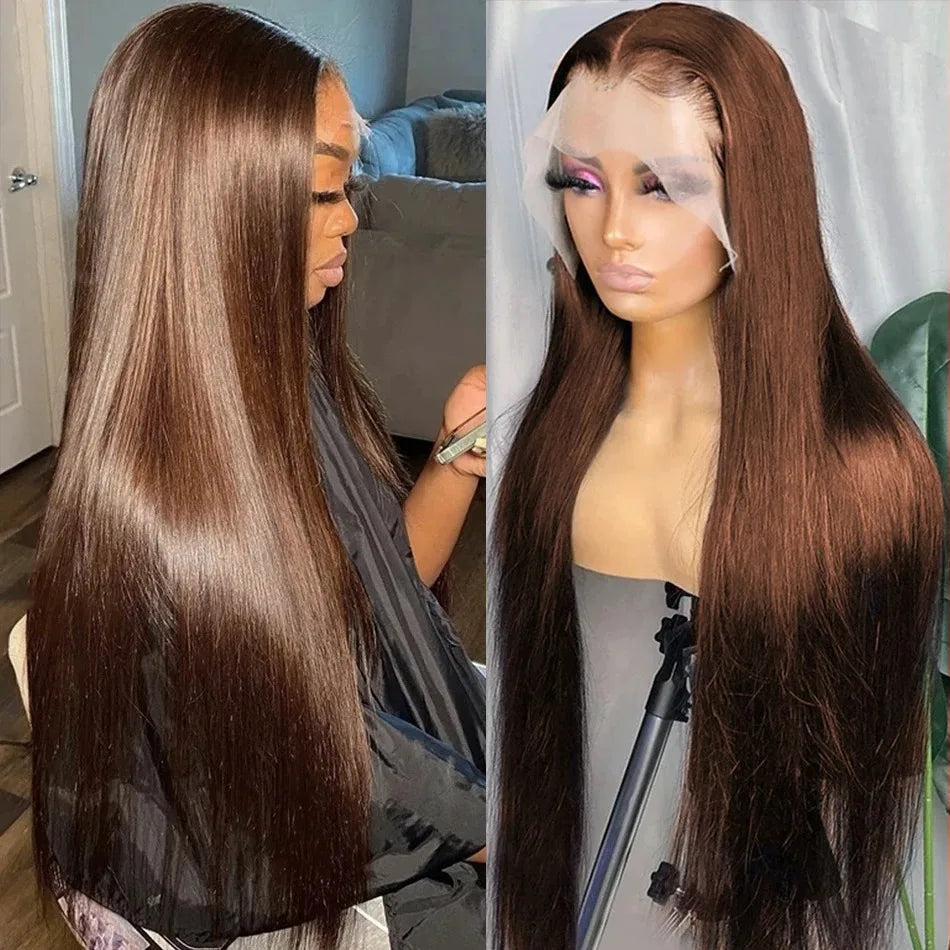 13x6 Chocolate Bone Straight Wig #4 Brown 13x4 Brazilian 200Density Silky HD Lace Frontal Human Hair Wig 38Inch Pre Plucked