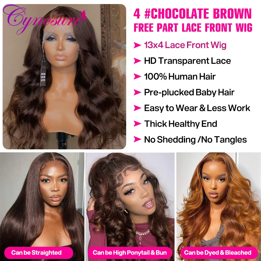 13x4 Chocolate Brown Body Wave Lace Front Wig 13x6 HDTransparent Lace Frontal Wig Cynosure Lace Closure Colored Human Hair Wigs