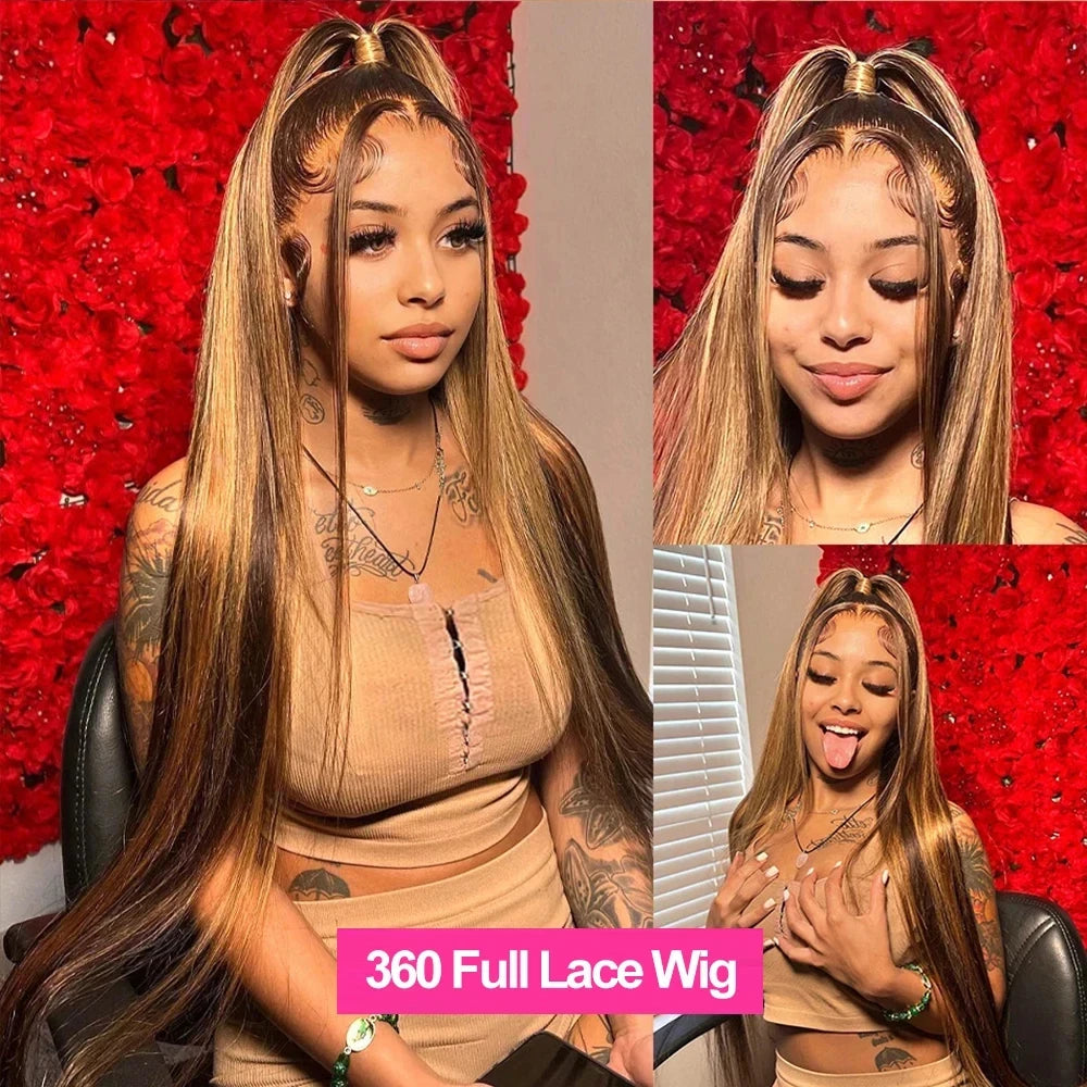 Highlight Invisi-Strap 360 Full Lace Wig Human Hair Pre Plucked Bone Straight 250 Density Highlight Wig HD 360 Lace Frontal Wig