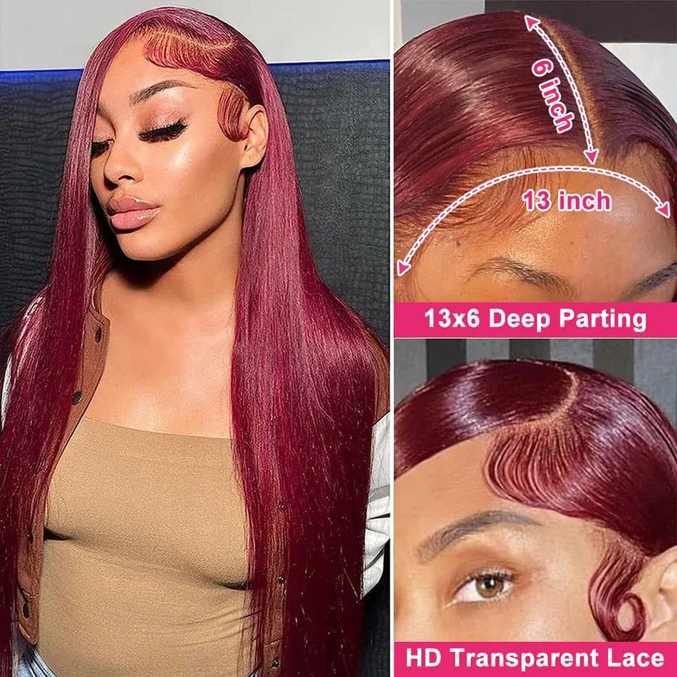 13x4 99j Burgundy Lace Front Wig 13x6 Straight Lace Frontal Wigs HD Transparent Lace Colored 100% Red Human Hair Wigs For Women
