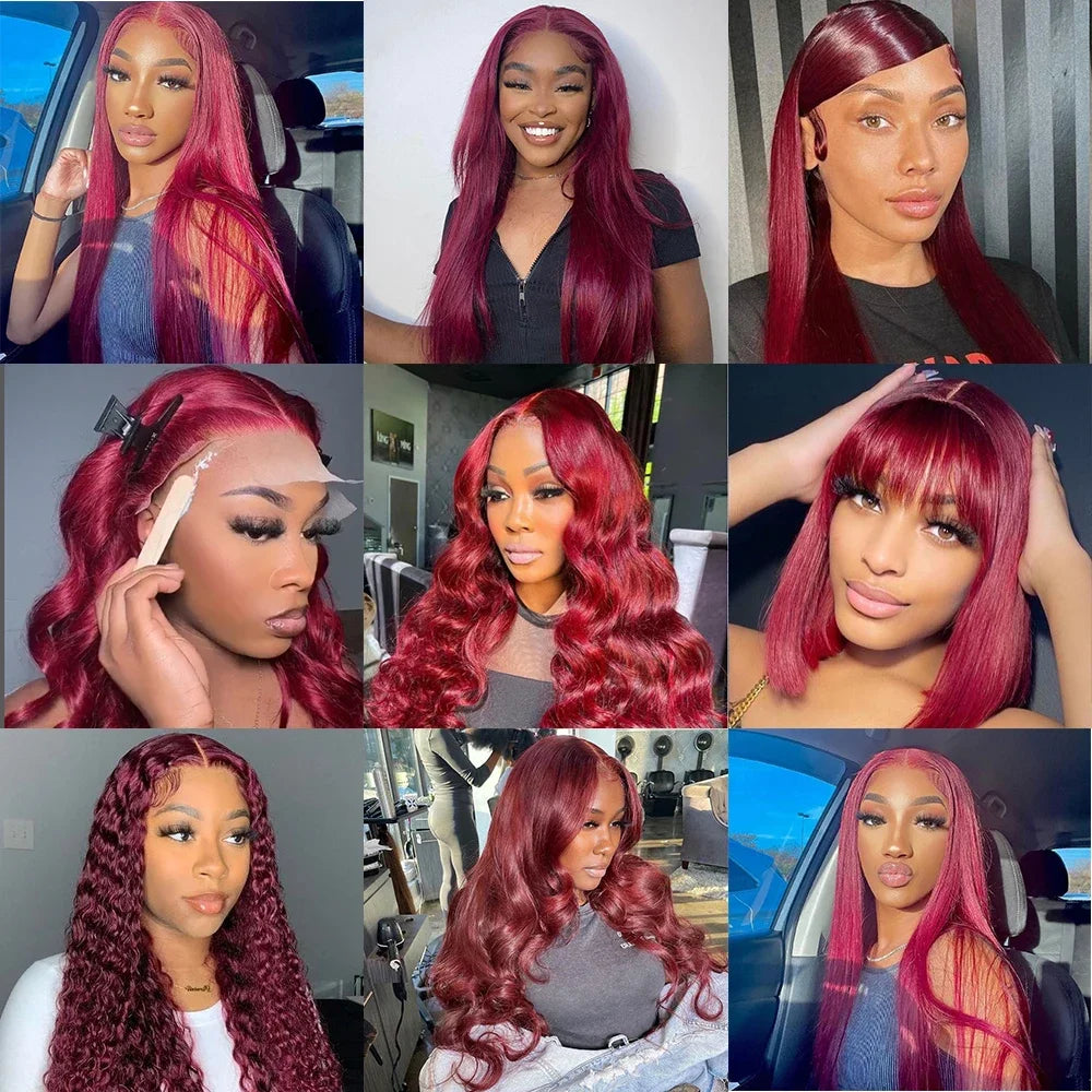 13x4 99j Burgundy Lace Front Wig 13x6 Straight Lace Frontal Wigs HD Transparent Lace Colored 100% Red Human Hair Wigs For Women