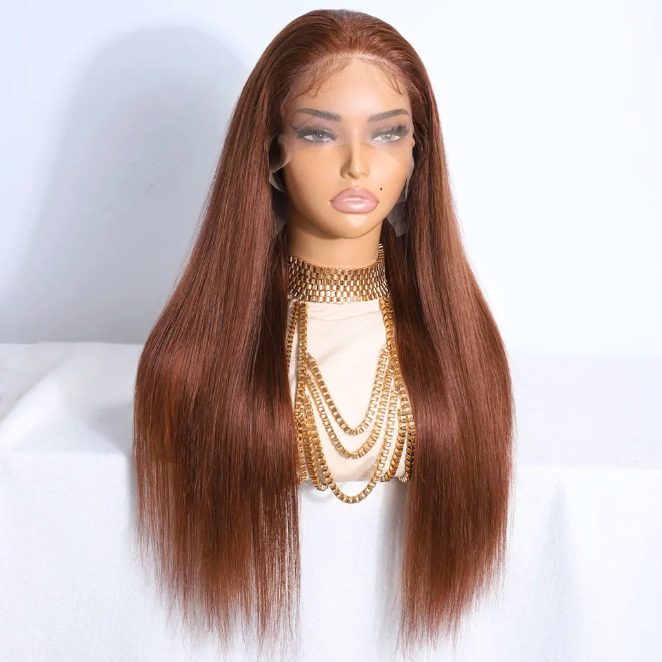 Lekker Clearance Brown Long Straight Lace Frontal Human Hair Wigs For Women Brazilian Remy Hair Pre Plucked Free Part 30" Wigs