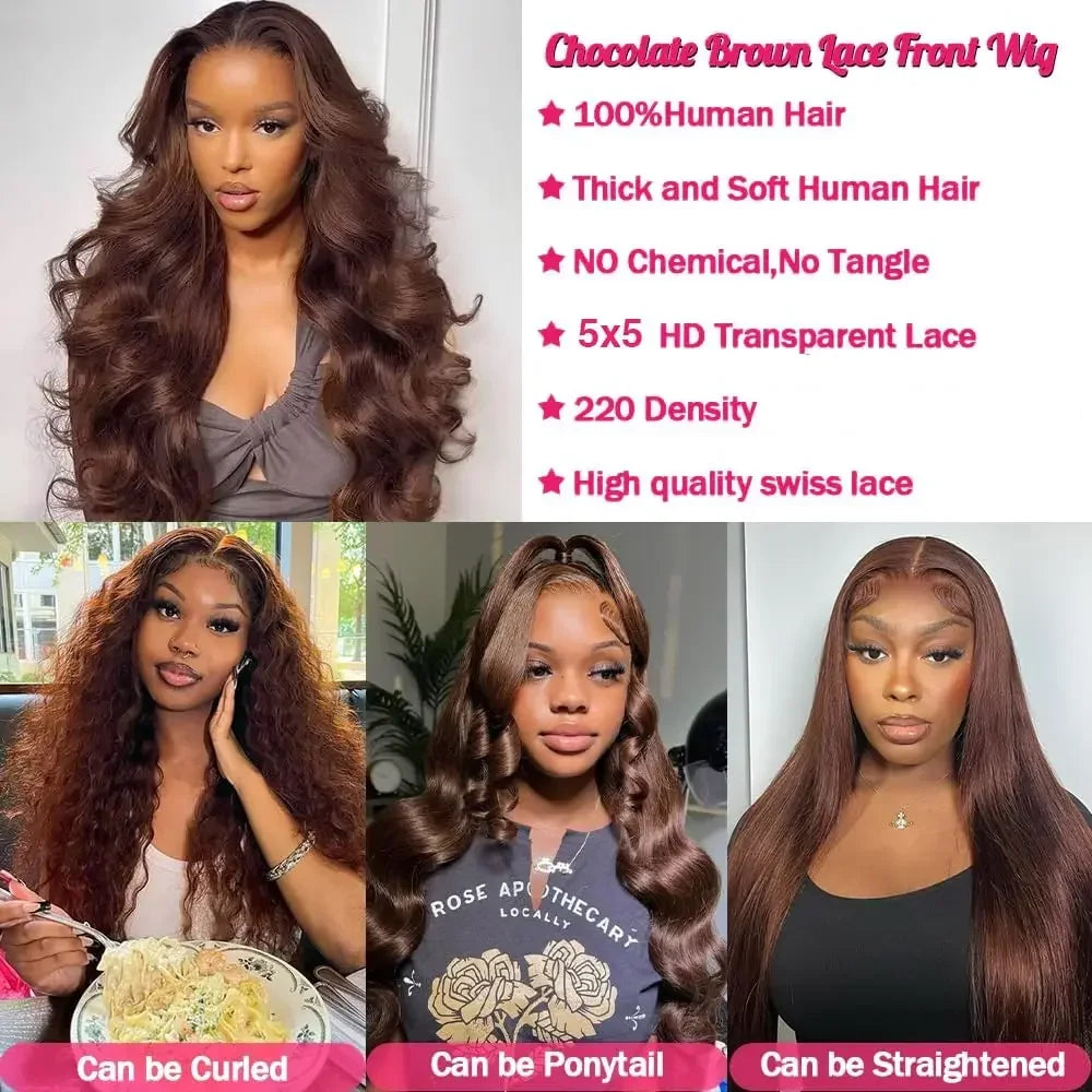 Color#4 Chocolate Brown Body Wave Lace Frontal Wig Remy Pre-Plucked HD Lace Wig 13X5 Lace Human Hair Wigs On Clearance Sales