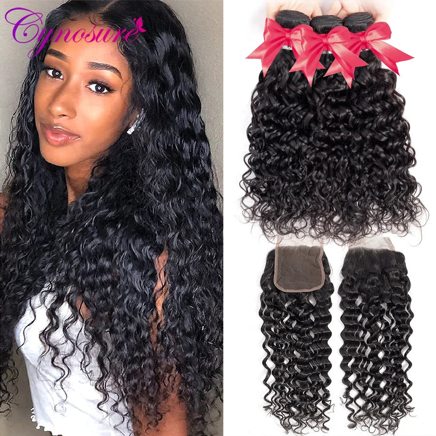 Cynosure Human Hair Water Wave Bundles with Closure Double Weft Brazilian Hair Weave 3 Bundles With Closure Remy